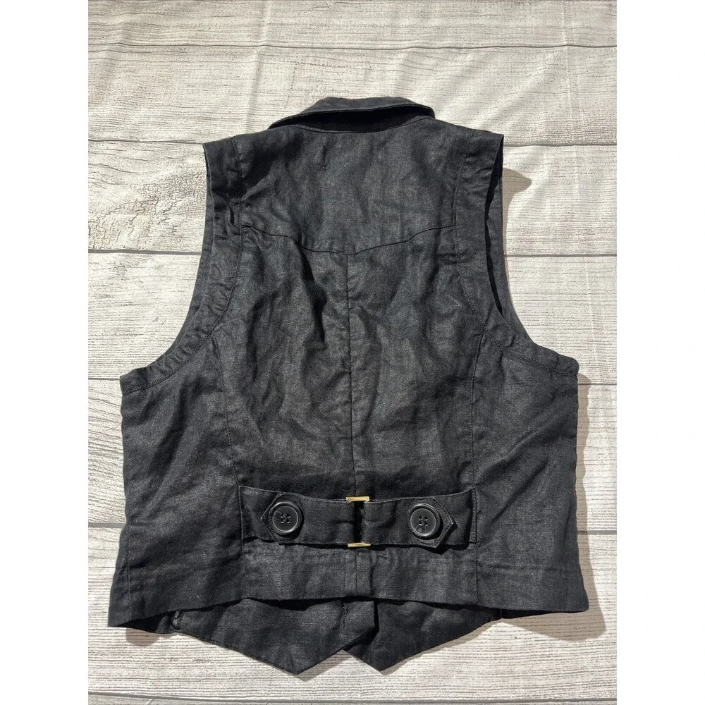 Vtg Forever 21 Y2K Deep V Vest Collared Crop Fitted Vest Black 100% Linen Sz M